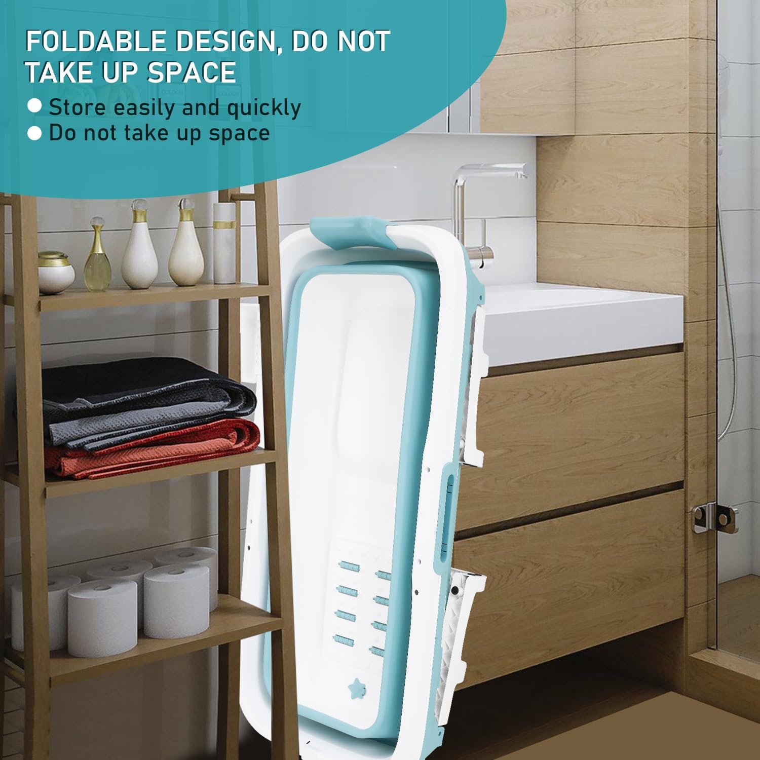 Ikodm Faltbare Badewanne Erwachsene - XL 132x60x50cm, Klappbare mobile Badewanne mit Abdeckung, Massagerollen & Korb, Klappbadewanne für Badezimmer, Dusche und Balkon (Blau)