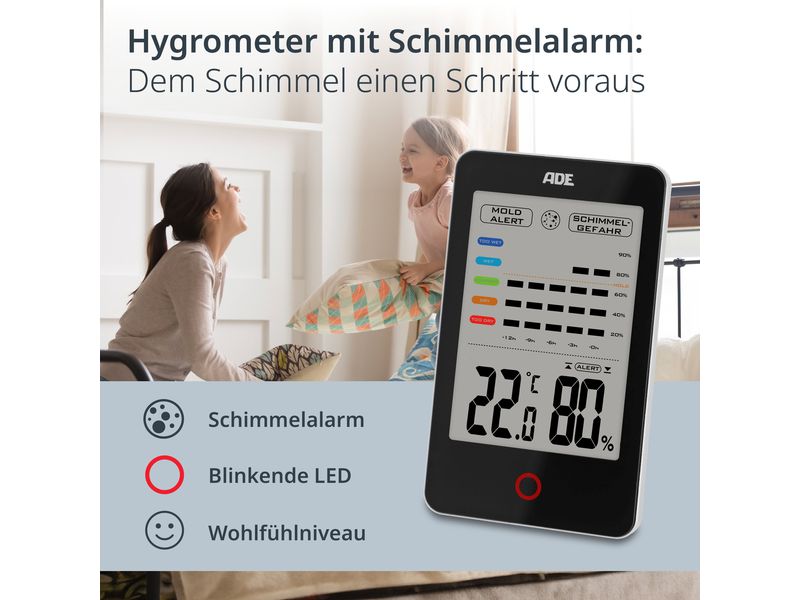 ADE Thermo-/Hygrometer digital Schwarz Digitales Thermo-/Hygrometer mit Schimmelalarm