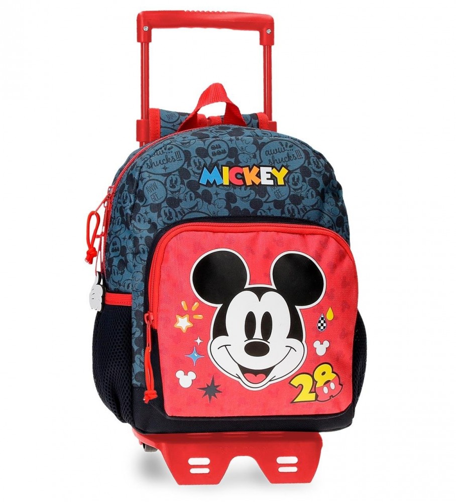 Mochila pré-escolar Joumma Bags Mickey Get Moving 28cm com carrinho vermelho e azul - 23x28x10cm -