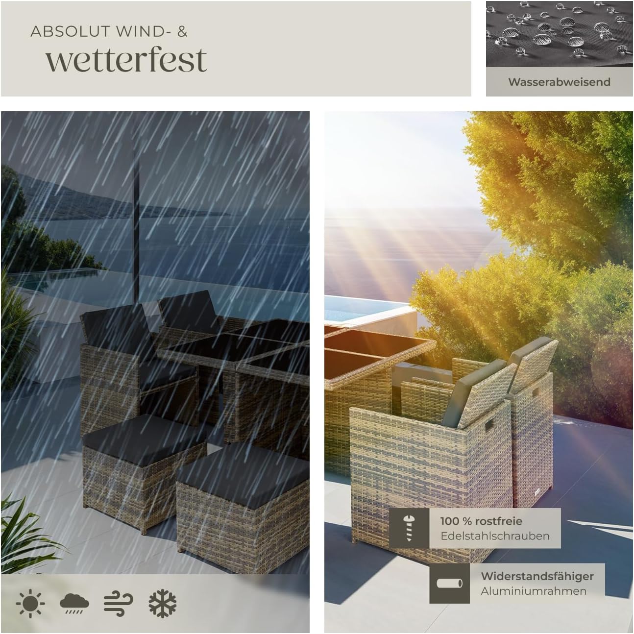 tectake® Lounge Möbel Set 4X Stühle, 4X Hocker, 1x Tisch, platzsparende Cube Aufbewahrung, Outdoor Rattan Gartenmöbel für Balkon, Garten und Terrasse, mit Abdeckung und Wechselbezügen - Natur