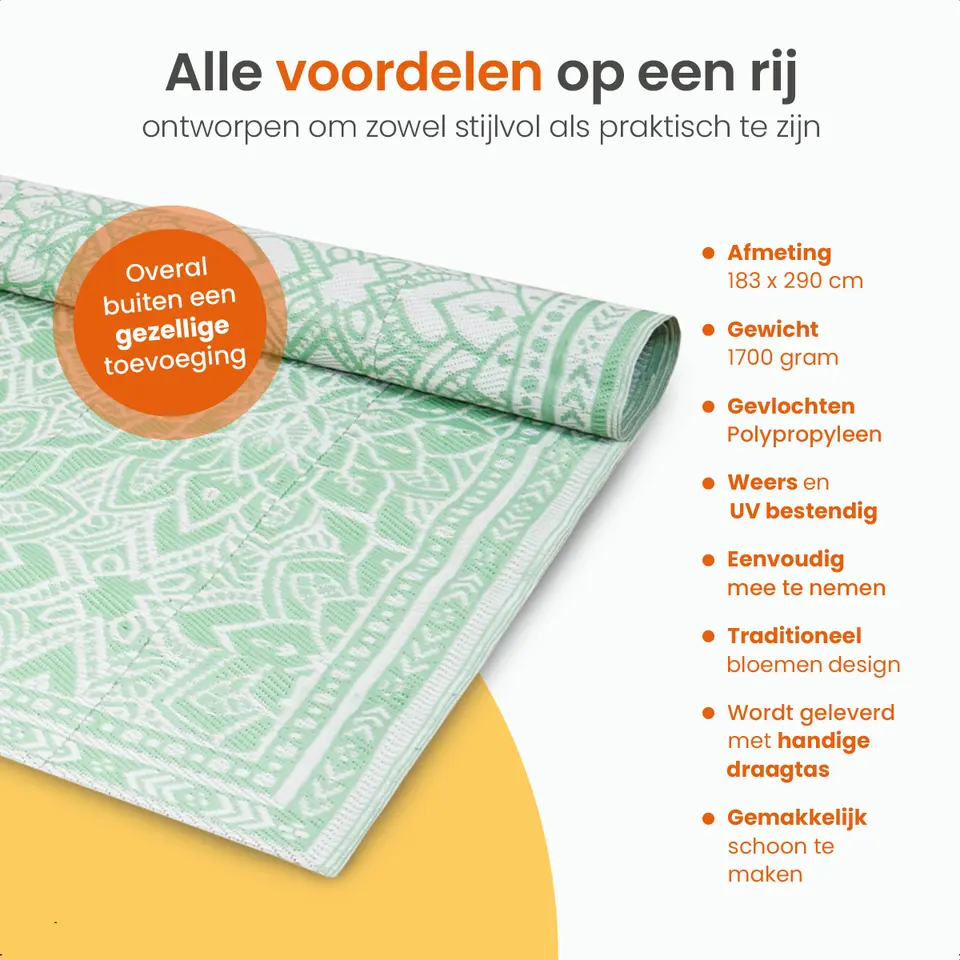 Goliving Buitenkleed Summer Flora - 183x290CM - Draagtas - Groen/Wit