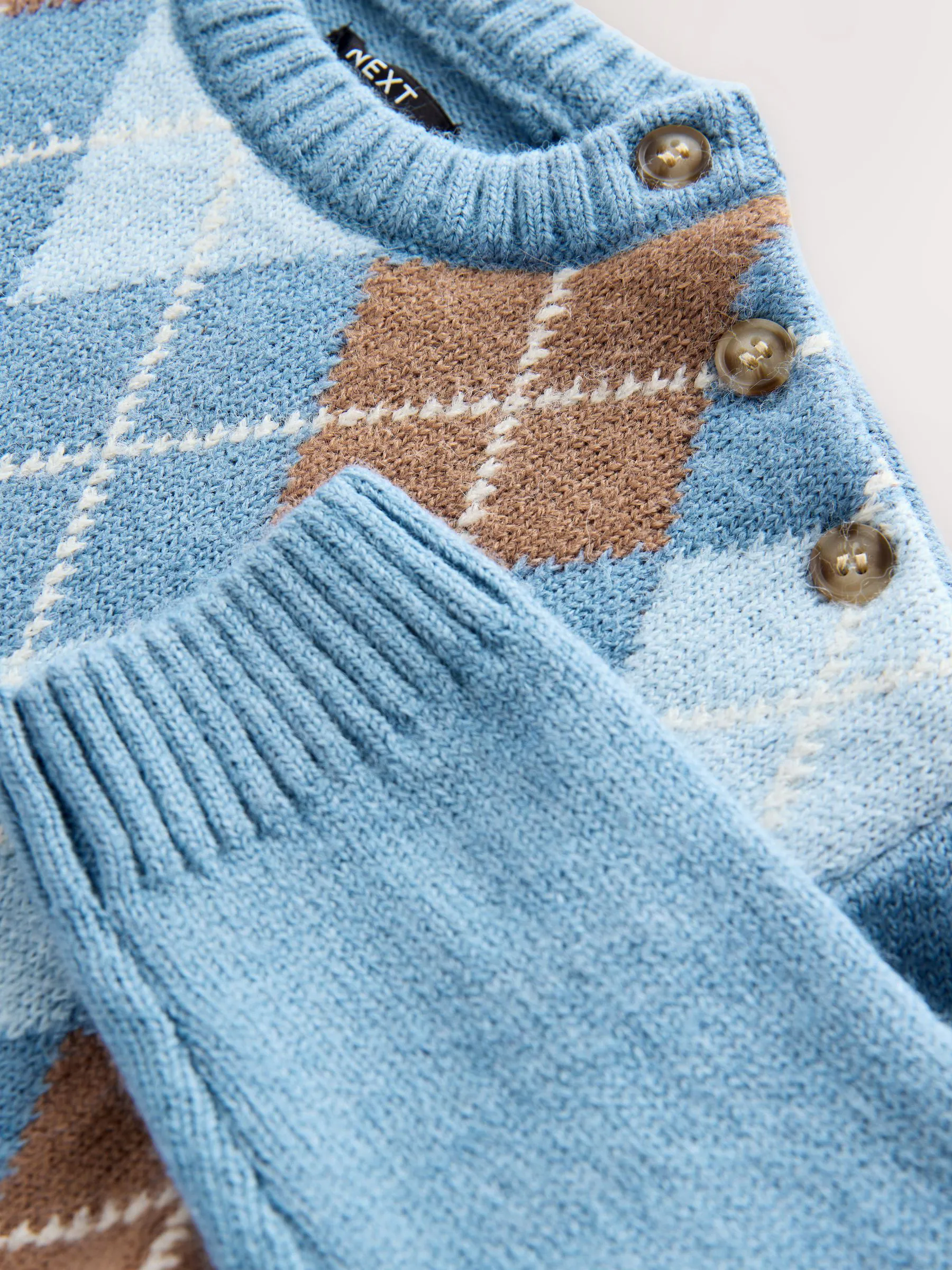 Blauw met argyle-patroon - Gebreide katoenen trui met ronde hals (3mnd -7jr)