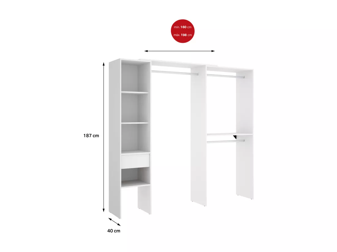 Grande Garde-robe Dburn, Meubles de chambre, Penderie de plain-pied, Placard à vêtements, 98x42 h187 cm, Blanc