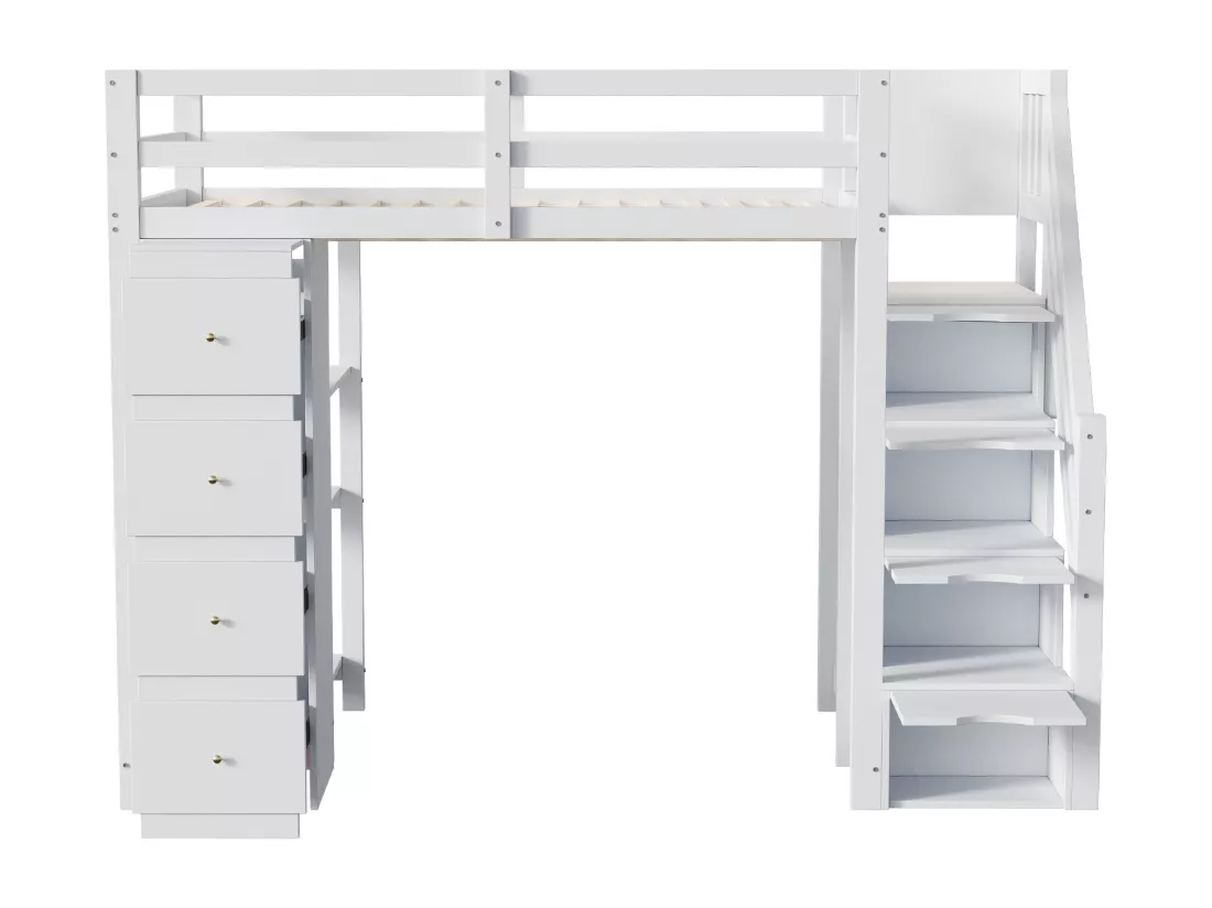 Lit mezzanine 90x200cm en bois massif - avec 4 tiroirs et escalier de rangement - Blanc (matelas non inclus)