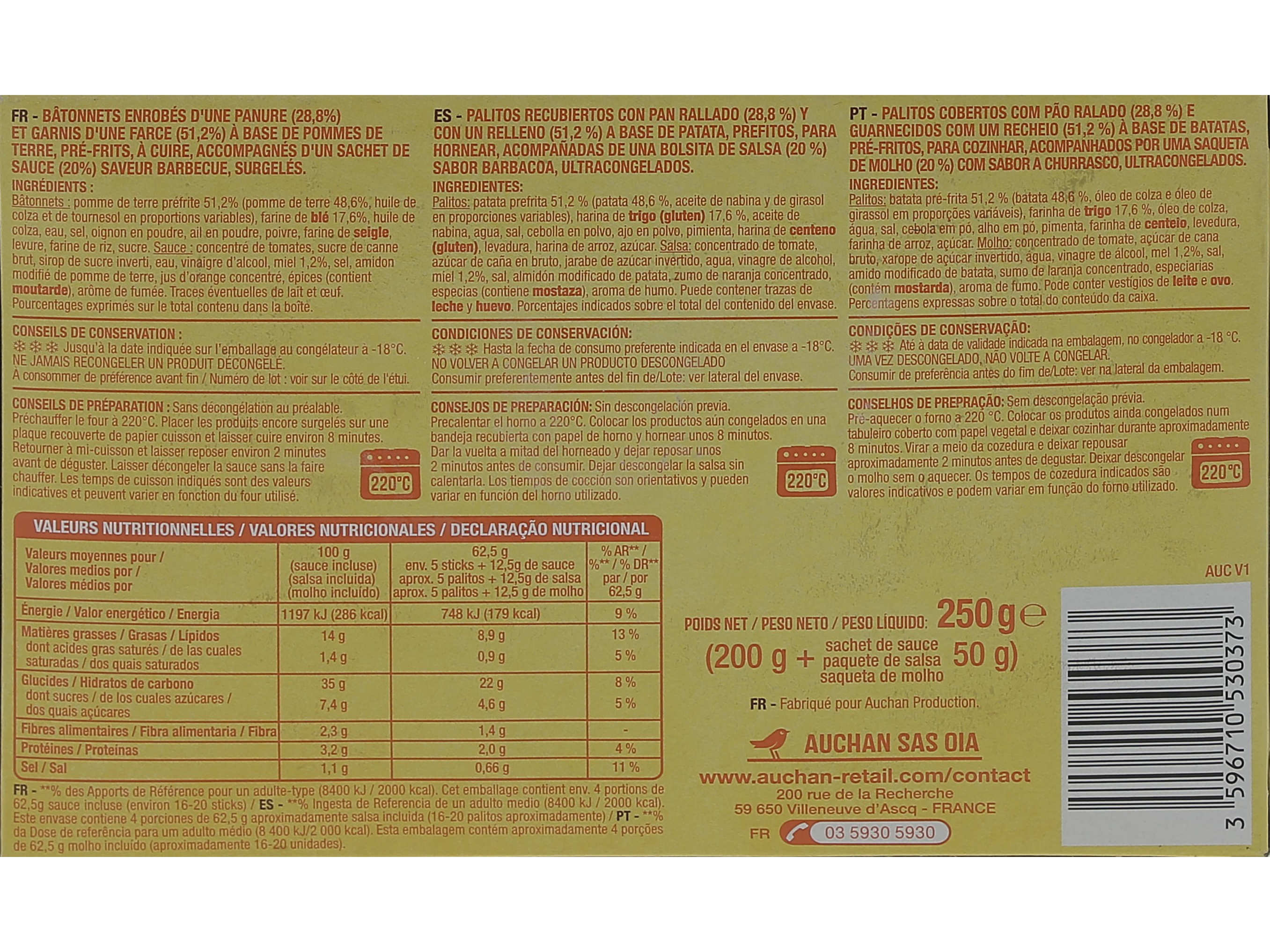 PATATO STICKS AUCHAN C/MOLHO BARBECUE 250G