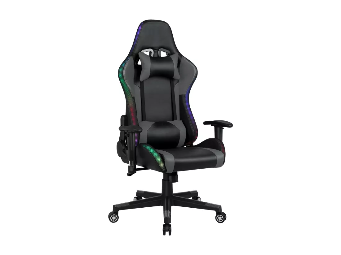 Chaise de jeu avec lumières LED RGB et haut-parleurs Chaise de gaming Chaise de bureau de style racing Chaise PC en cuir PU gris