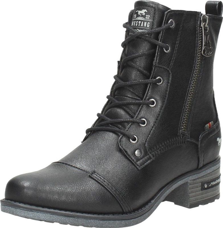 Mustang - Dames Veterboot - Zwart - Imitatieleer - Blokhak 4 cm