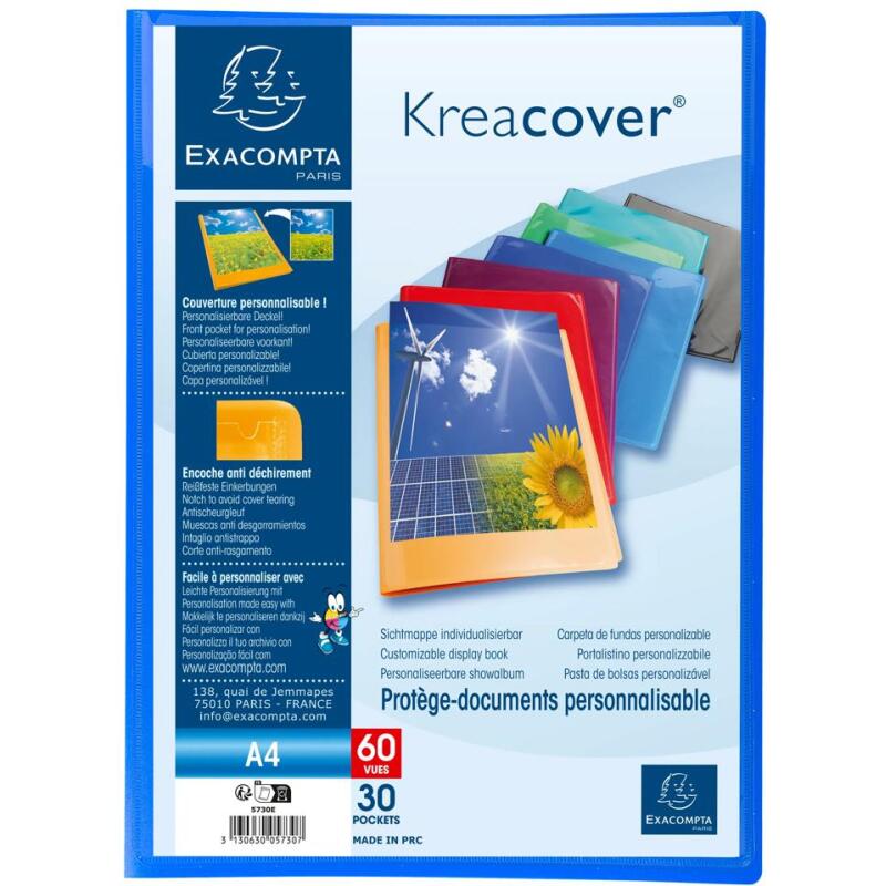 Protège-documents polypropylène semi rigide Kreacover® Opaque 30 pochettes - 60 vues - A4 coloris assortis