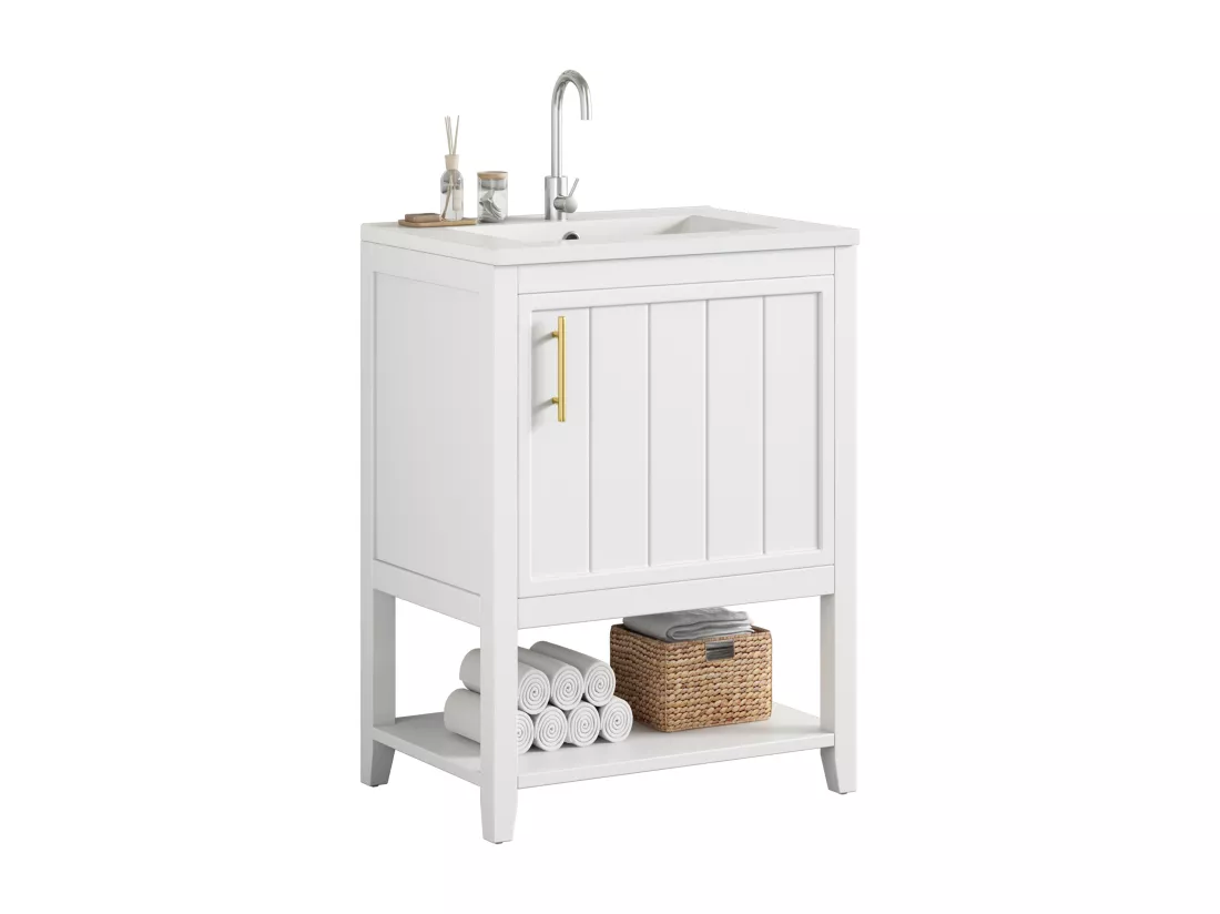 Meuble de salle de bain avec vasque en céramique - avec rangements - Blanc(robinet non inclus)