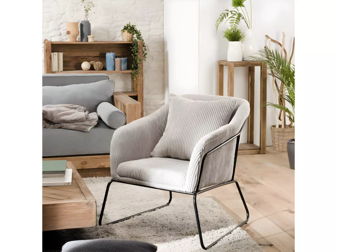 ALBANE - Fauteuil tissu velours cotelé gris perle pieds évasés métal