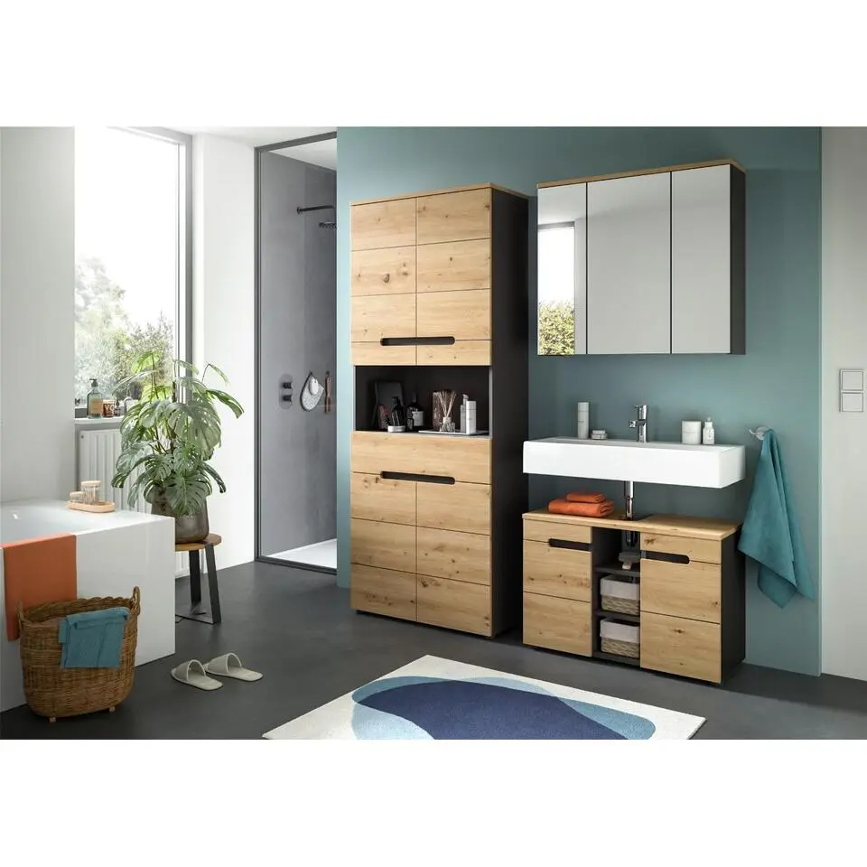 Hioshop Canu wastafel 2 deuren- 3 planken eiken decor- grijs