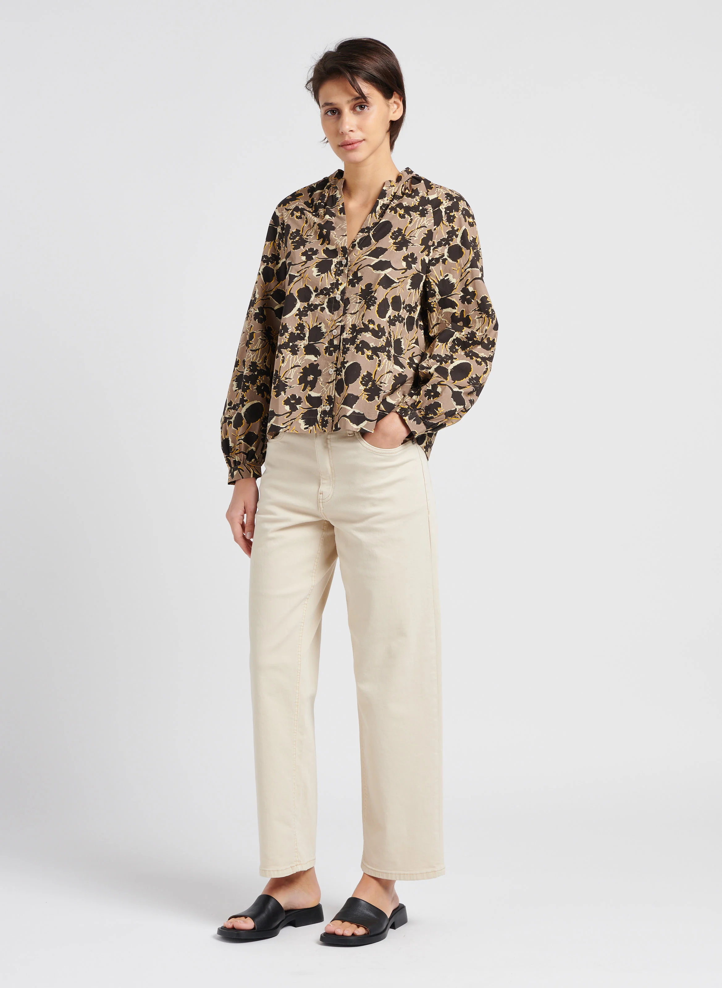 MELANIE - Jean droit en coton mélangé| Beige