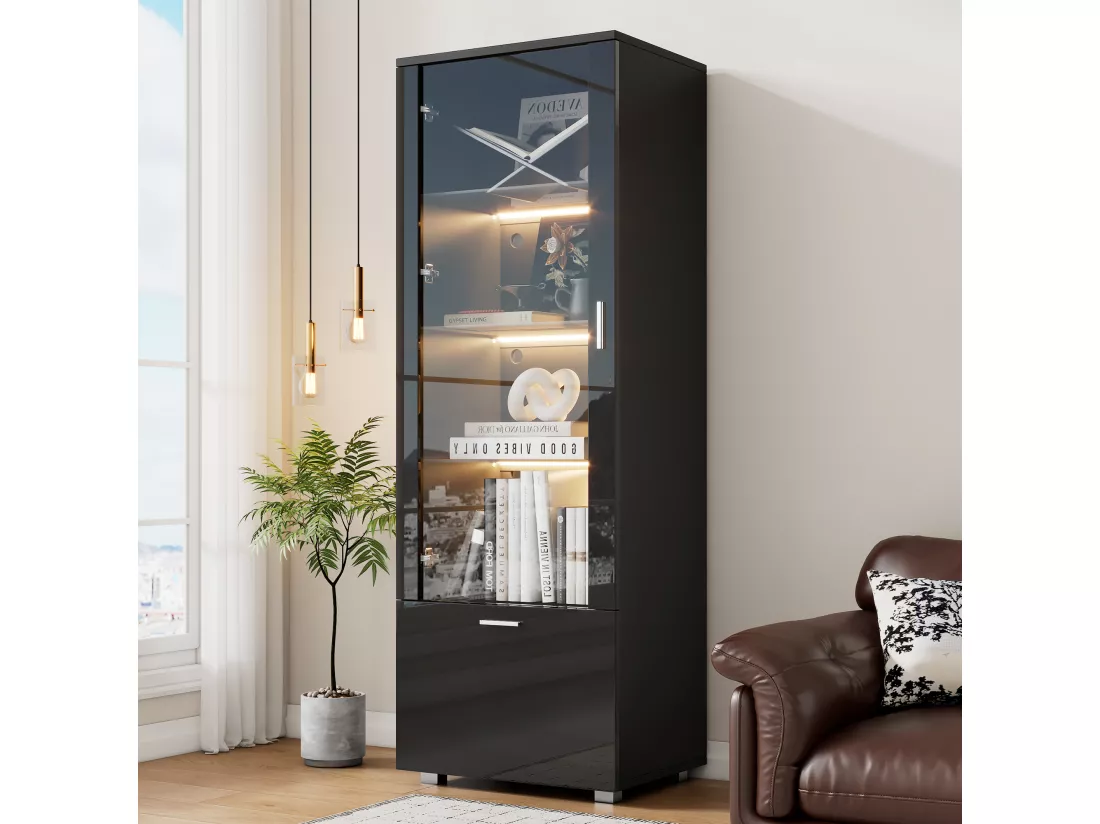 Vitrine avec 1 porte et 1 tiroir - 50 x 40 x 160 cm - LEDs - Étagère en verre - Panneaux de particules - Noire brillant