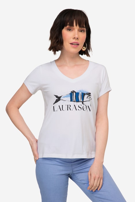 T-Shirt, Fisch Motiv, V-Ausschnitt, Halbarm