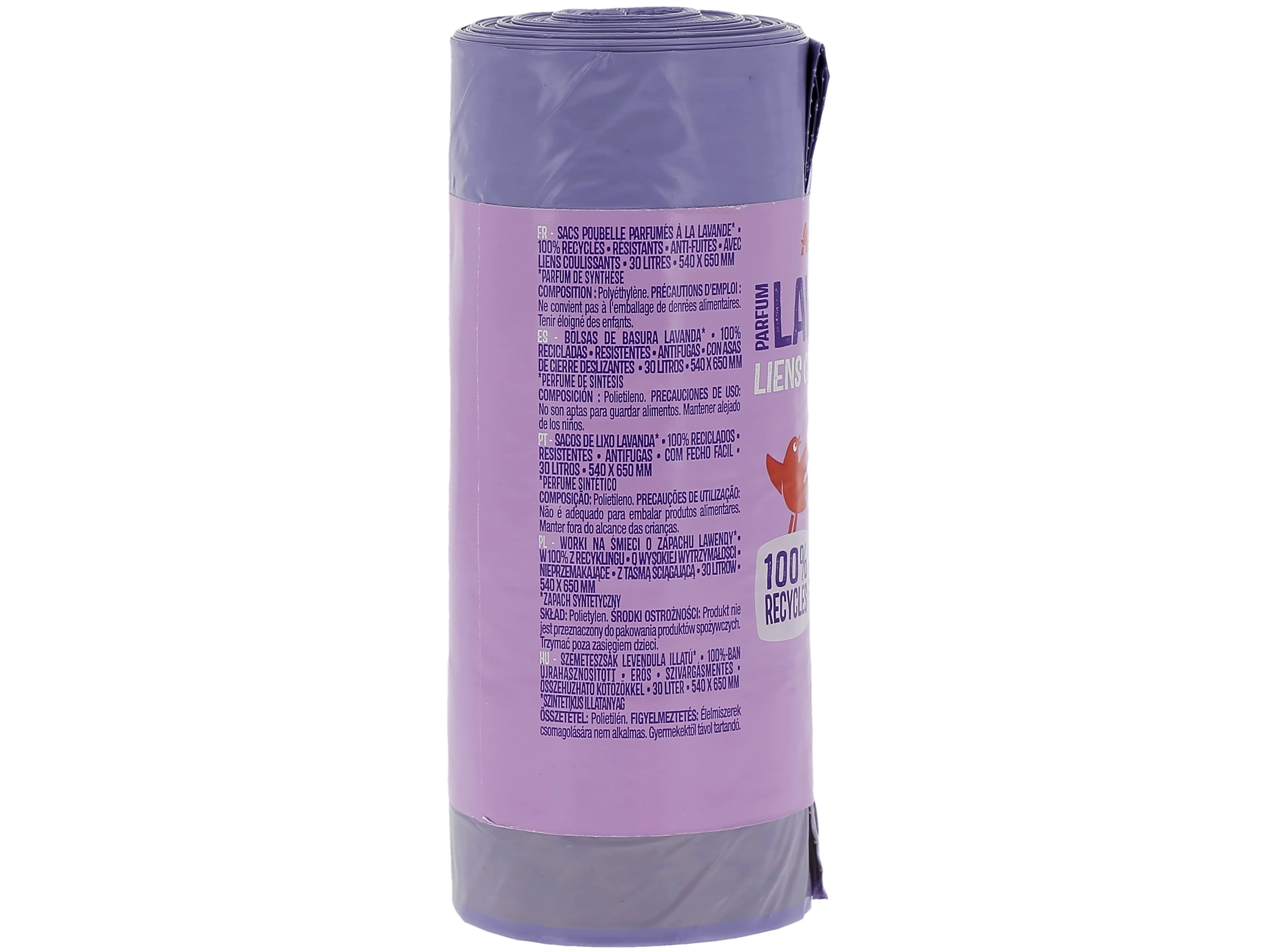 SACO DE LIXO AUCHAN LAVANDA FECHO FÁCIL 30L 100% RECICLADOS 15UN