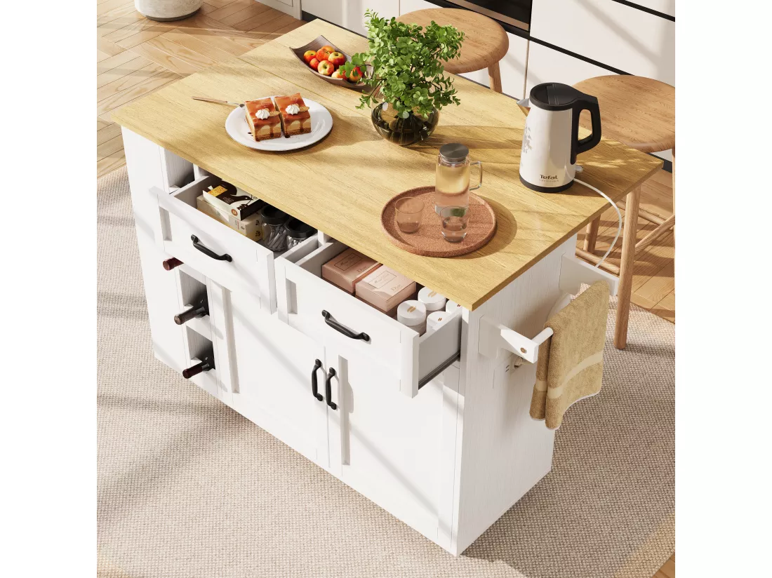 Ilot central de cuisine mobile avec 2 portes, 2 tiroirs et 4 Porte-Bouteilles - Plateau extensible - 131.5x43(76)x90.7cm - MDF - Blanc et naturel
