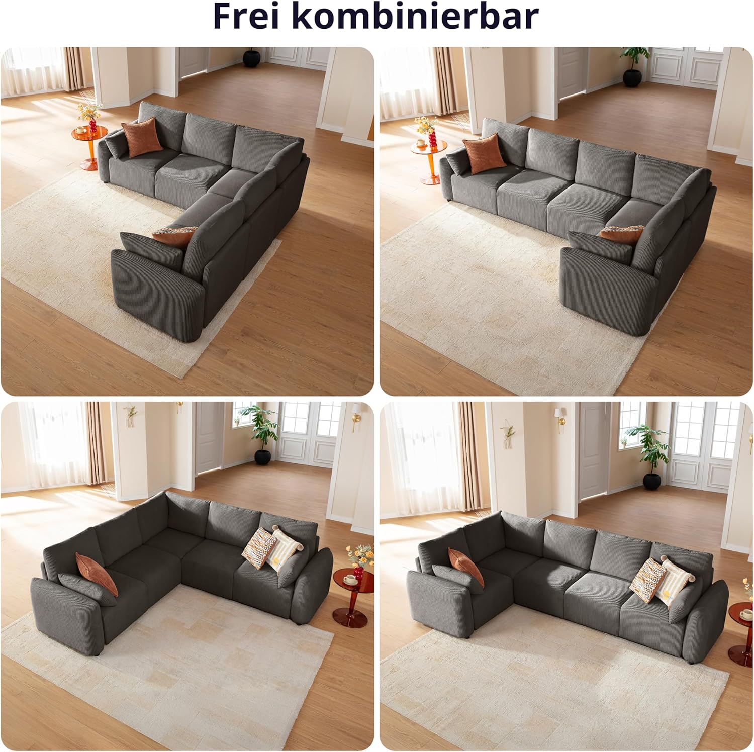Modulares Ecksofa 245cm, modernes Cord-Schlafsofa in L-Form, 5 Sziter individuell konfigurierbare Wohnlandschaft, hochdichter Memory-Schaum, abnehmbare & waschbare Kissenbezüge, Grau
