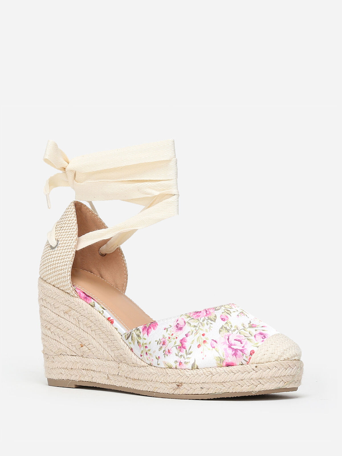Espadrilles compensées à fleurs- Rose