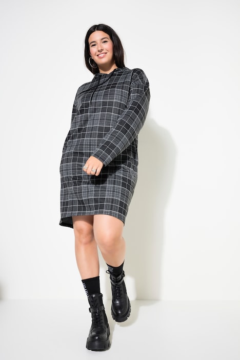 Midikleid, oversized, Jersey, Karo, Kapuze, Langarm