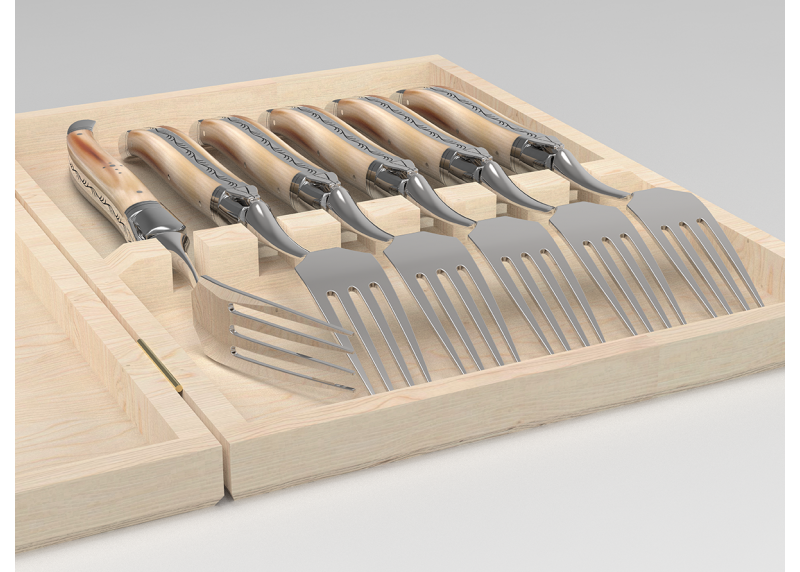Service de 6 fourchettes Laguiole avec un manche en pointe de corne blonde et mitres en acier inoxydable
