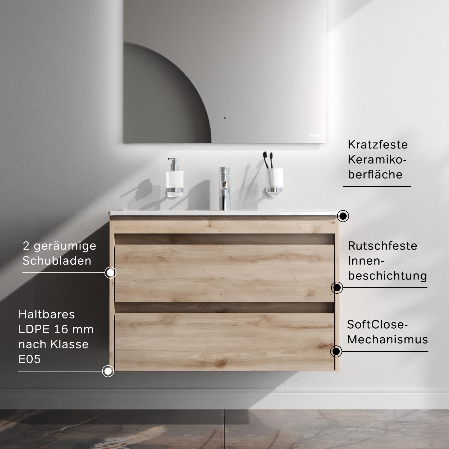 AM.PM Waschbeckenunterschrank Hängend mit Waschbecken, Badmöbel Set für Badezimmer & Gäste-WC, Waschtischunterschrank mit 2 Schubladen, Spike Eiche (81/56 cm)