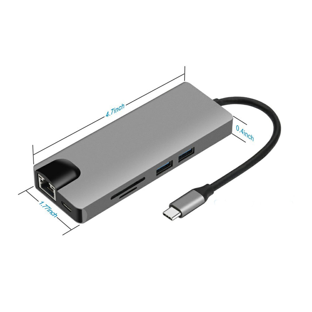 USB C 9 in 1 Multiport Adapter HUB mit USB C / 2x USB 3.0 / HDMI / VGA / RJ45 / 3.5 mm Klinke / SD   MicroSD Kartenlesegerät - Grau