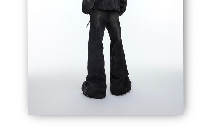 Kooklay - Gewassen paneel capuchon rits denim jack / Mid Rise Fray Flared jeans / Set