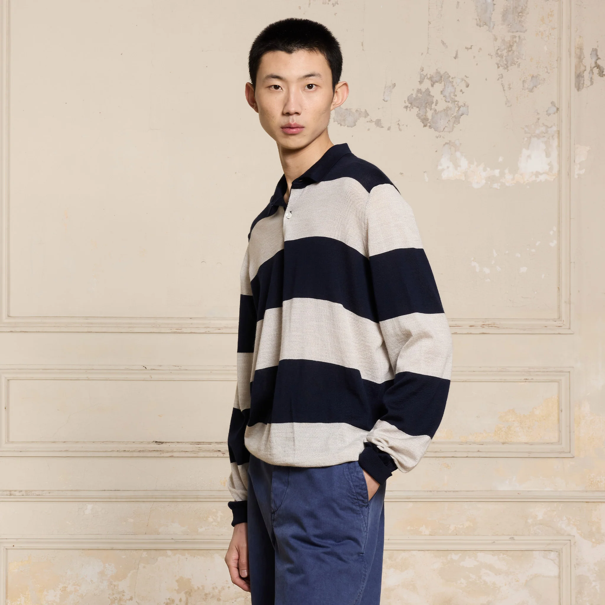 Striped extra-fine merino wool polo collar sweater
