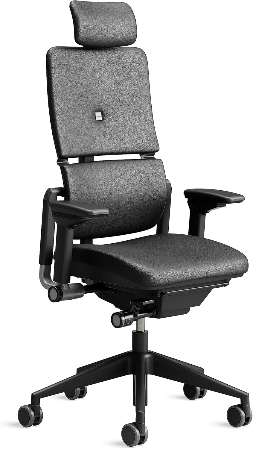 Steelcase Please Ergonomischer Bürodrehstuhl mit höhenverstellbarer Lumbalstütze für Unterstützung den ganzen Tag über, anpassbare Kopfstütze Schwarzes Leder