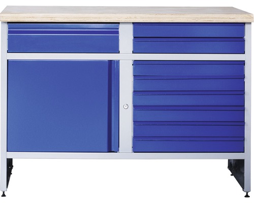 Industriële A 4.1 werkbank, 1180 x 880 x 700 mm, 1 deur, 9 laden, grijs/blauw