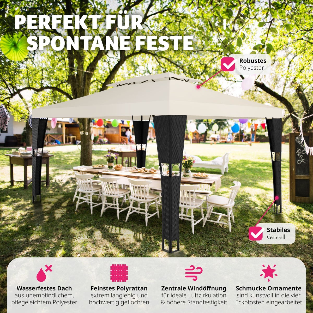 Rotan tuinpaviljoen tectake Mona 4 x 3 m inclusief haringen