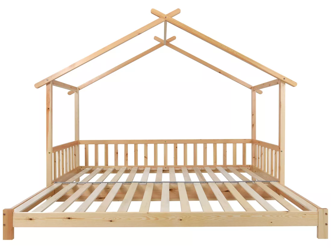 Lit gigogne cabane - 90 x 200 cm - bois massif - sommier à lattes - coloris naturel