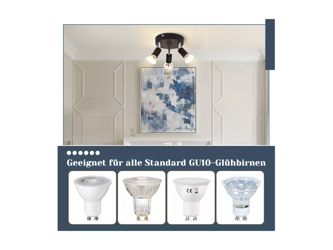 NETTLIFE Plafonnier LED GU10 -3 Spots de Plafond Ronde Moderne Spots de Plafond 350° pour Cuisines Couloir Chambre Salon - sans Ampoule Noir