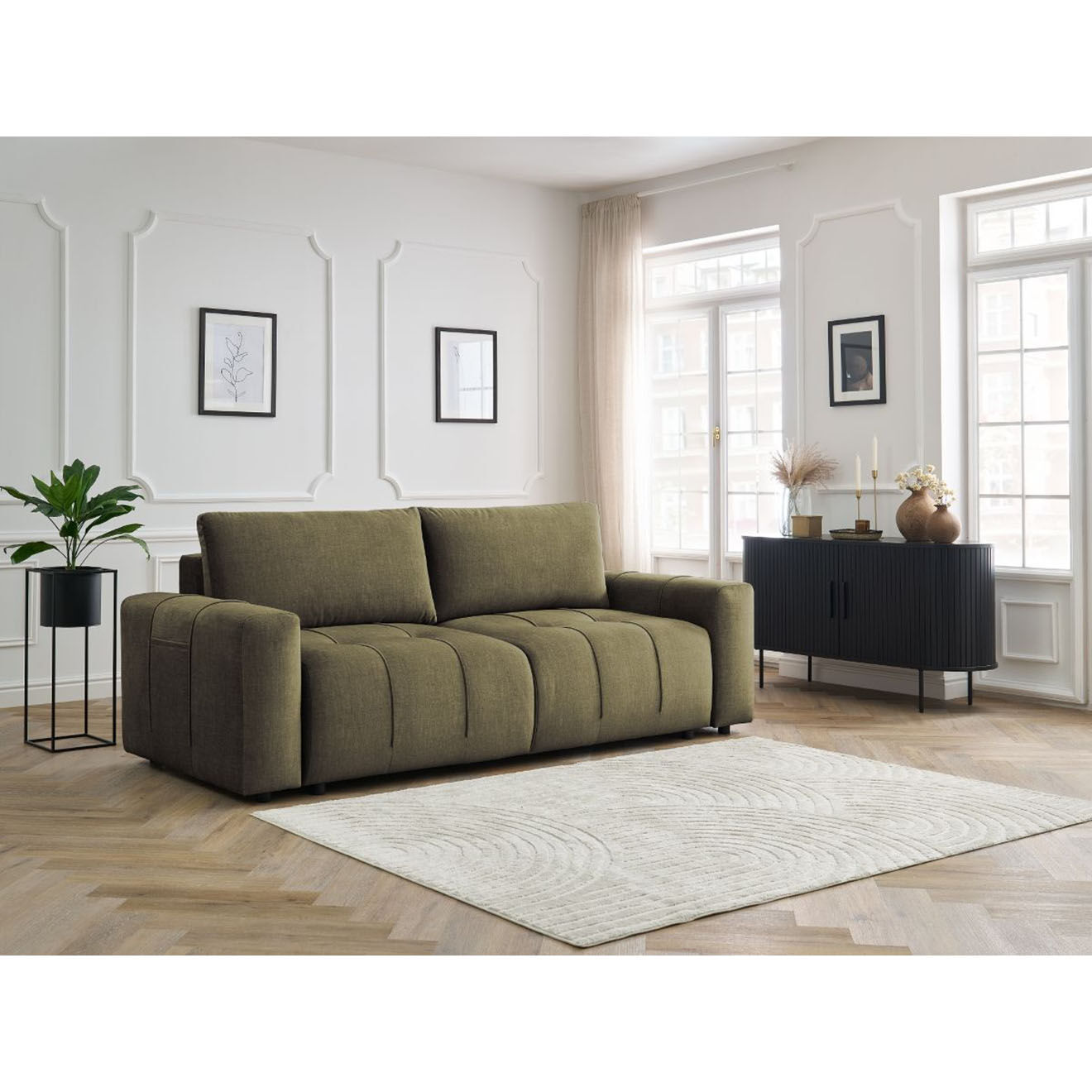 Bobochic Canapé droit convertible en Velours 3 places Arsène avec coffre vert - 248x105x90 cm