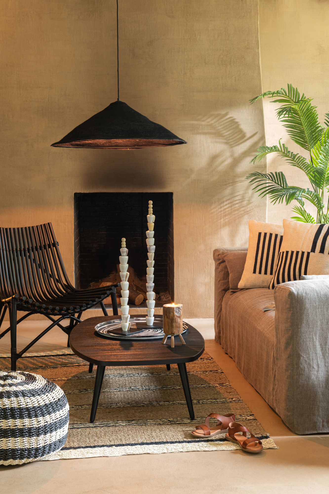 Pouf Roundabout gestreept wit naturel