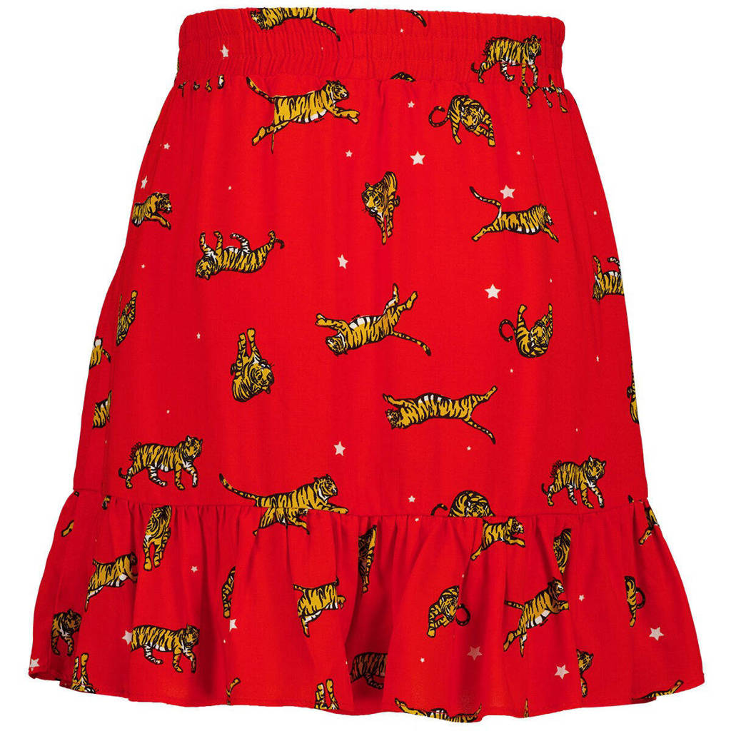 Vingino rok met all over print en ruches rood/bruin