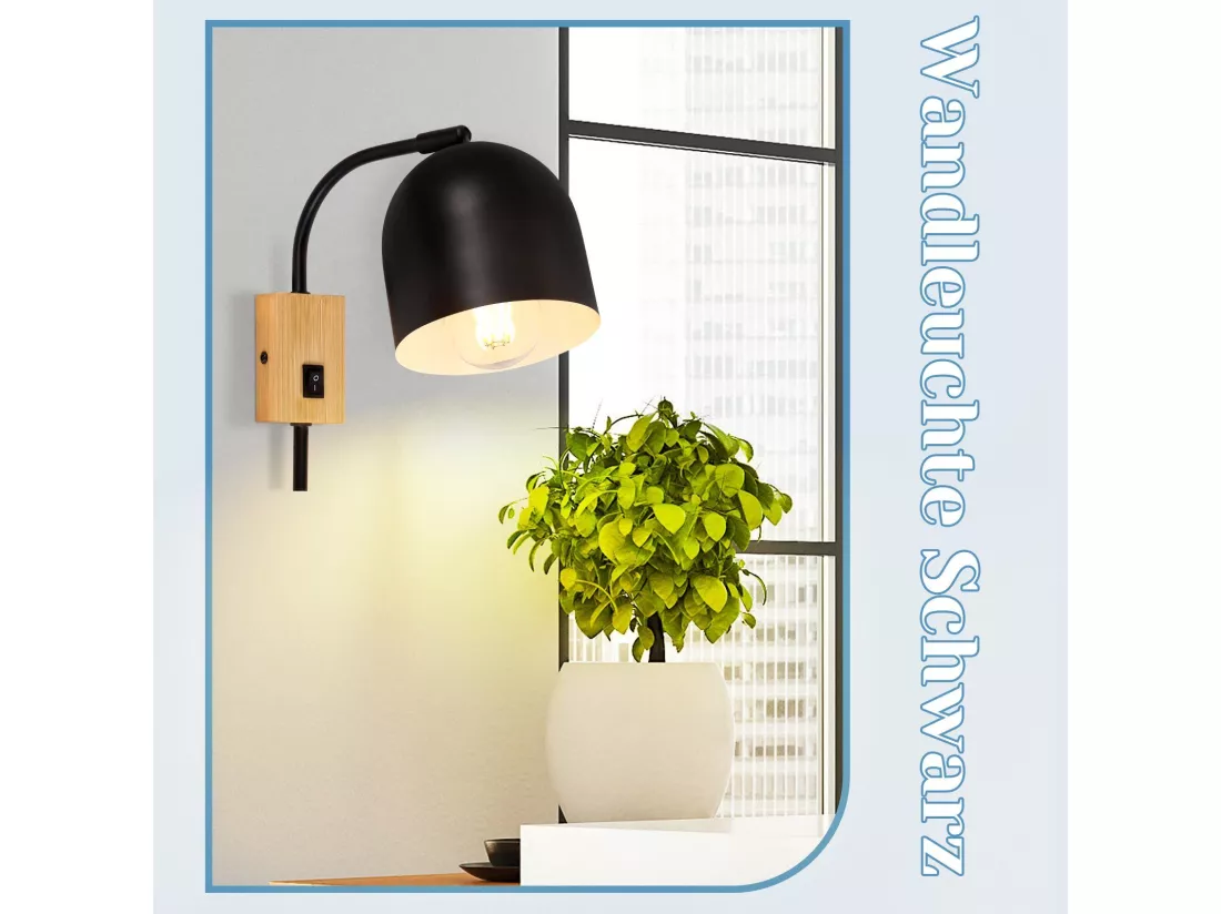 NETTLIFE spots muraux applique en bois avec interrupteur - applique E27 spot mural orientable métal noir lampe de couloir vintage intérieur