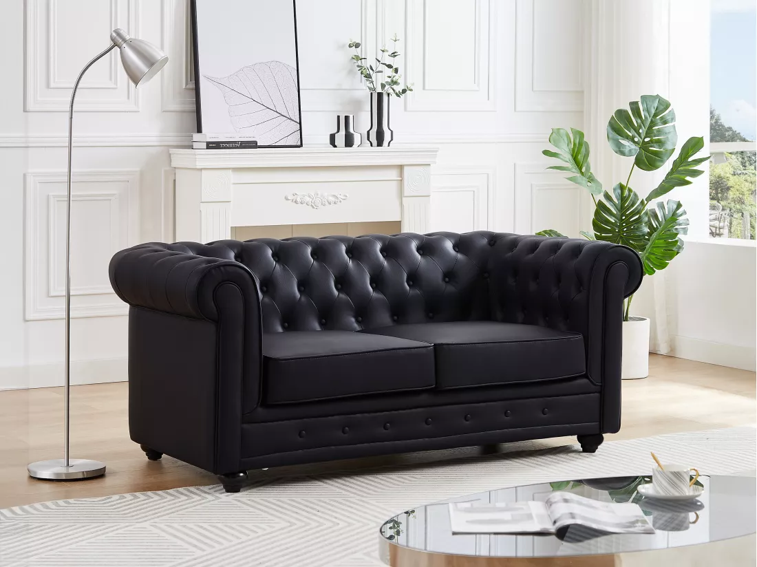 Canapé 2 places en simili noir CHESTERFIELD