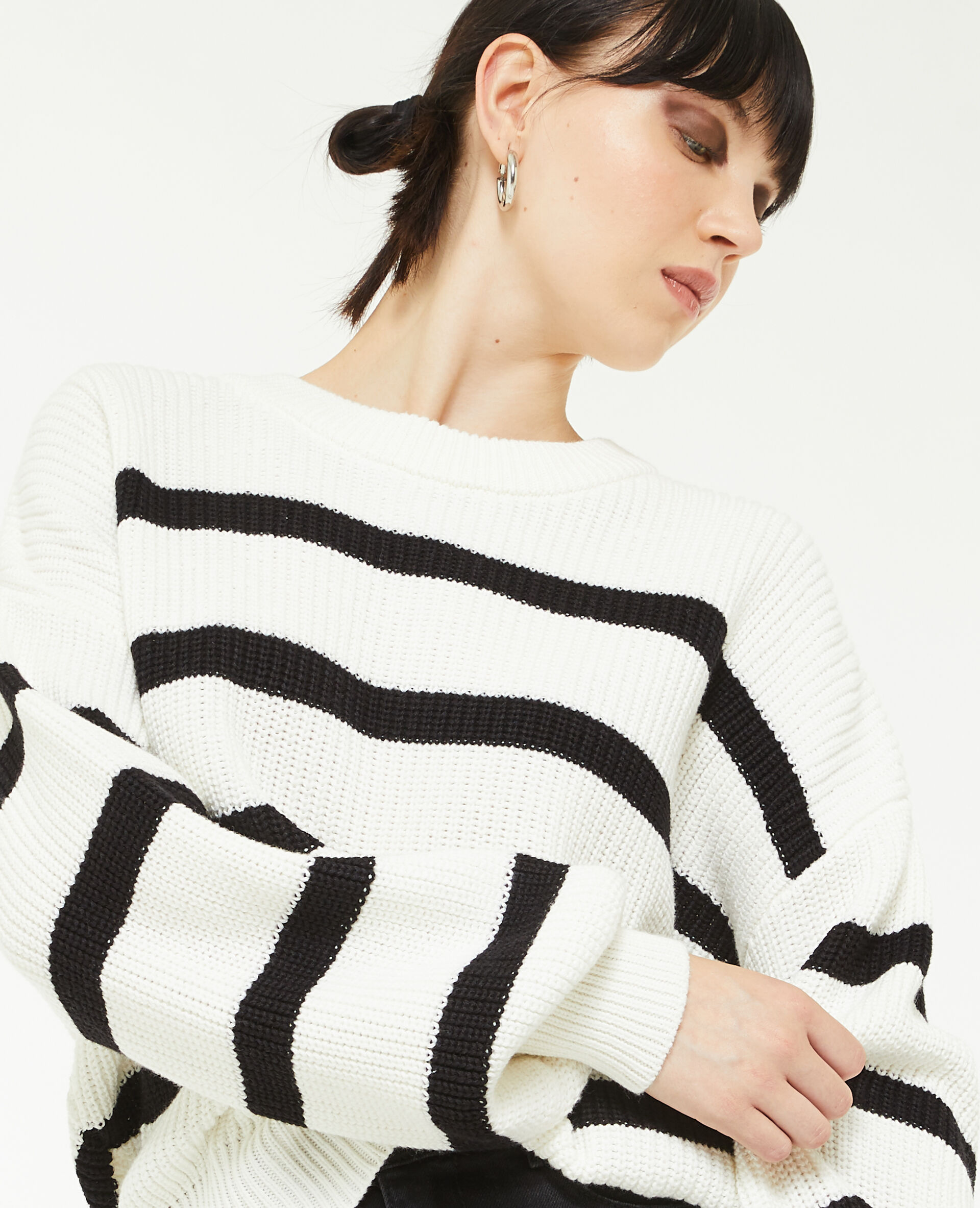 Pull col rond rayé - Noir