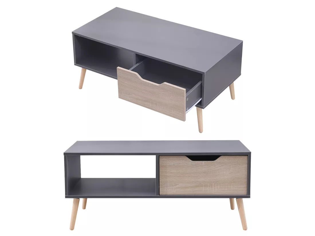 Table basse avec tiroir style scandinave grise FREJA - HAPPY GARDEN