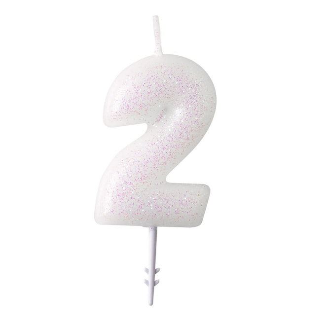 Zahlenkerze - 2 - weiß mit Glitzer - ca. 6,5 cm hoch