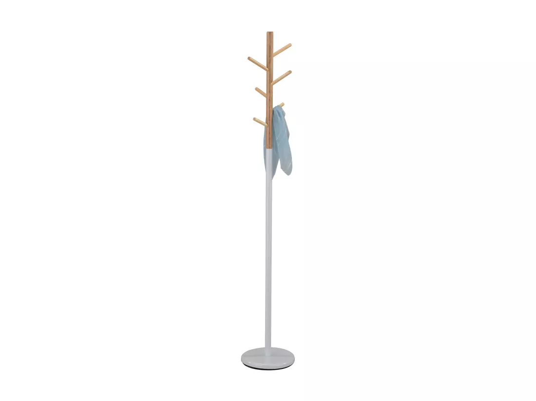 Porte-manteaux ENRICO portant à vêtements sur pied en forme d'arbre avec 6 crochets, en métal laqué blanc et bois