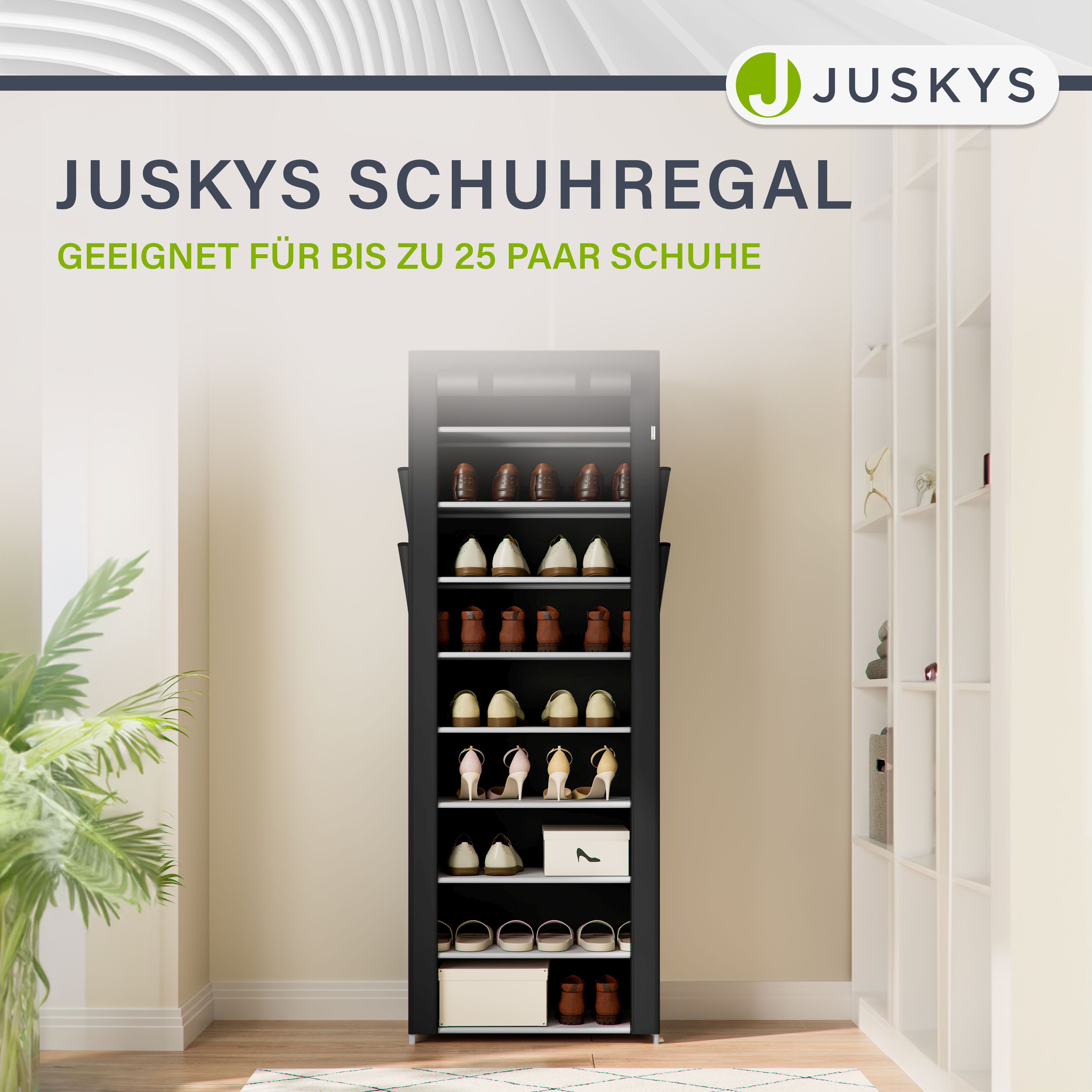 Juskys Schuhschrank M Schwarz mit 9 Ebenen, geschlossen, Stoff-Bezug wasserabweisend, Stecksystem