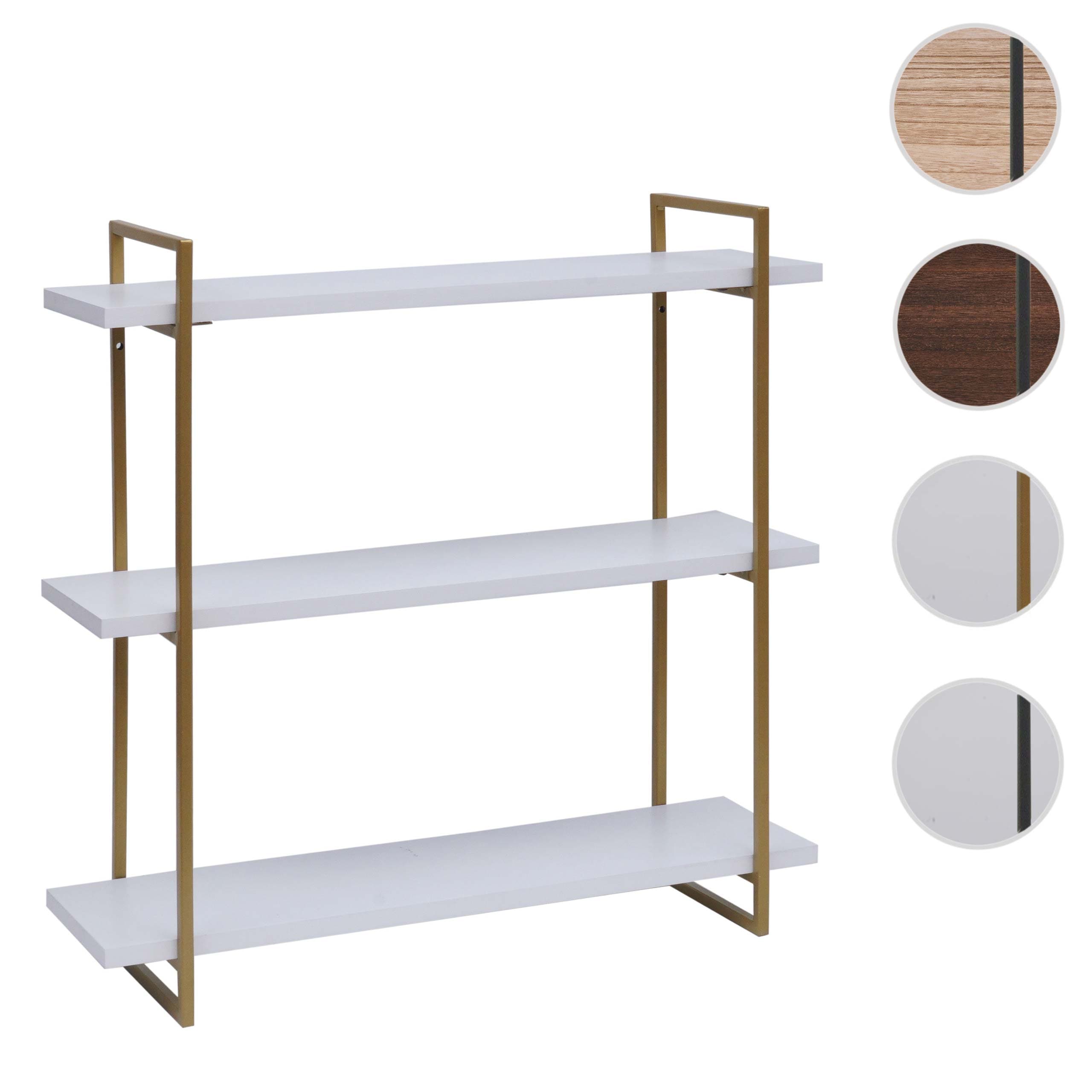 Wandregal MCW-K78, Hängeregal Schweberegal, 3 Regalböden Metall Massiv-Holz Industrial 60x60x18cm ~ weiß, Metall gold