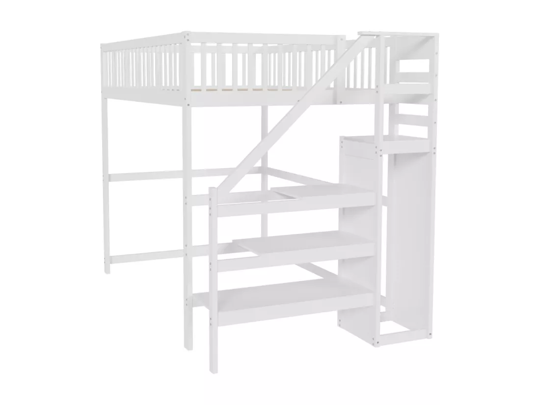 Lit mezzanine 140x200cm - lit enfant avec escalier avec armoir, sommier à lattes, antichute - blanc