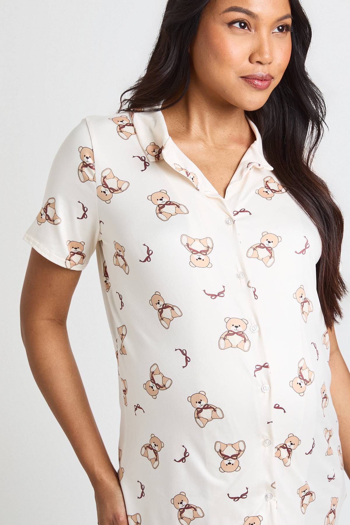boohoo Chemise De Nuit De Maternité À Col Avec Imprimé Ours Et Nœuds Boutonnée Sur Le Devant
