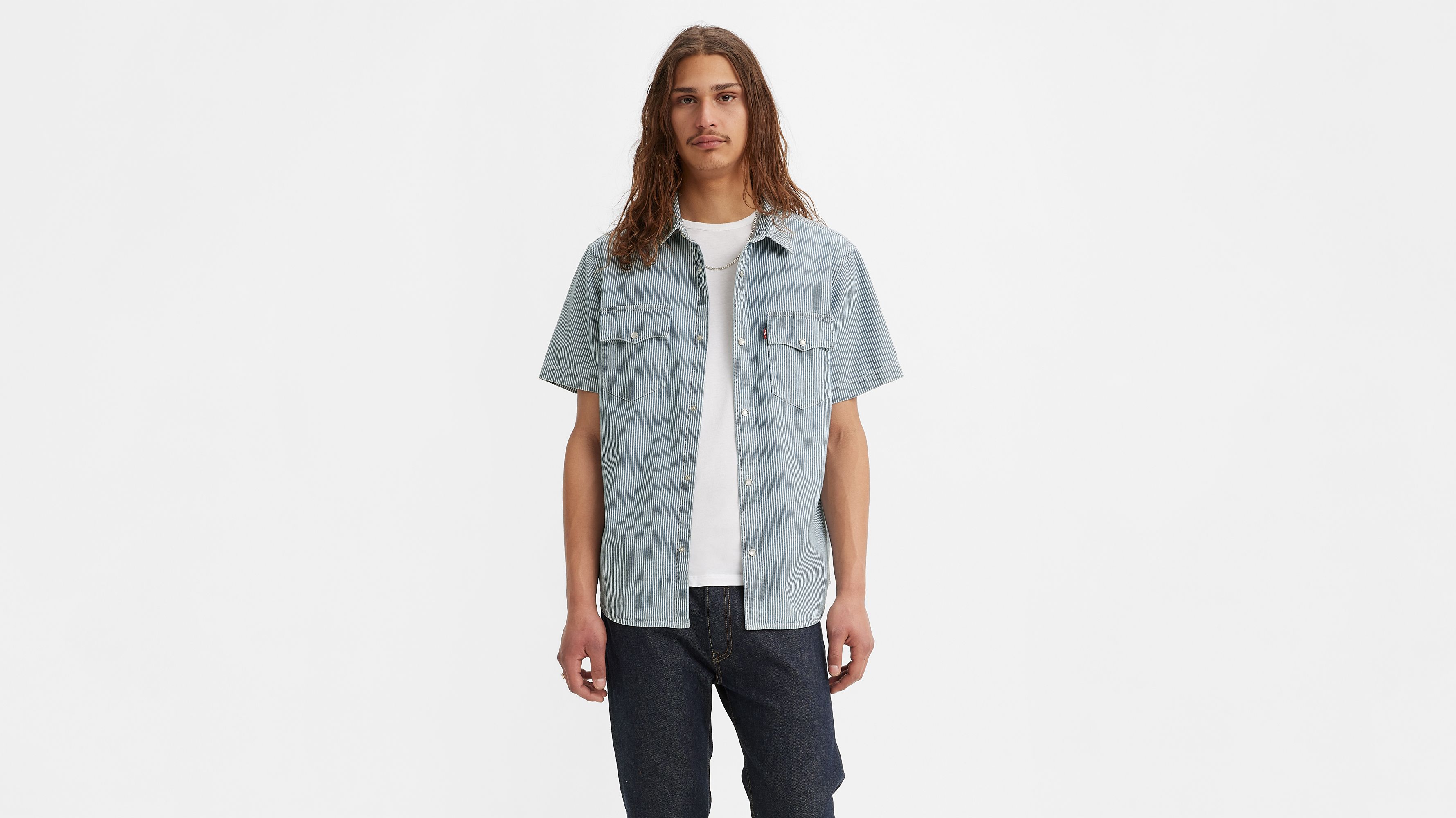 Chemise Western manches courtes Relaxed - Vander Denim Railroad Stripe - Bleu