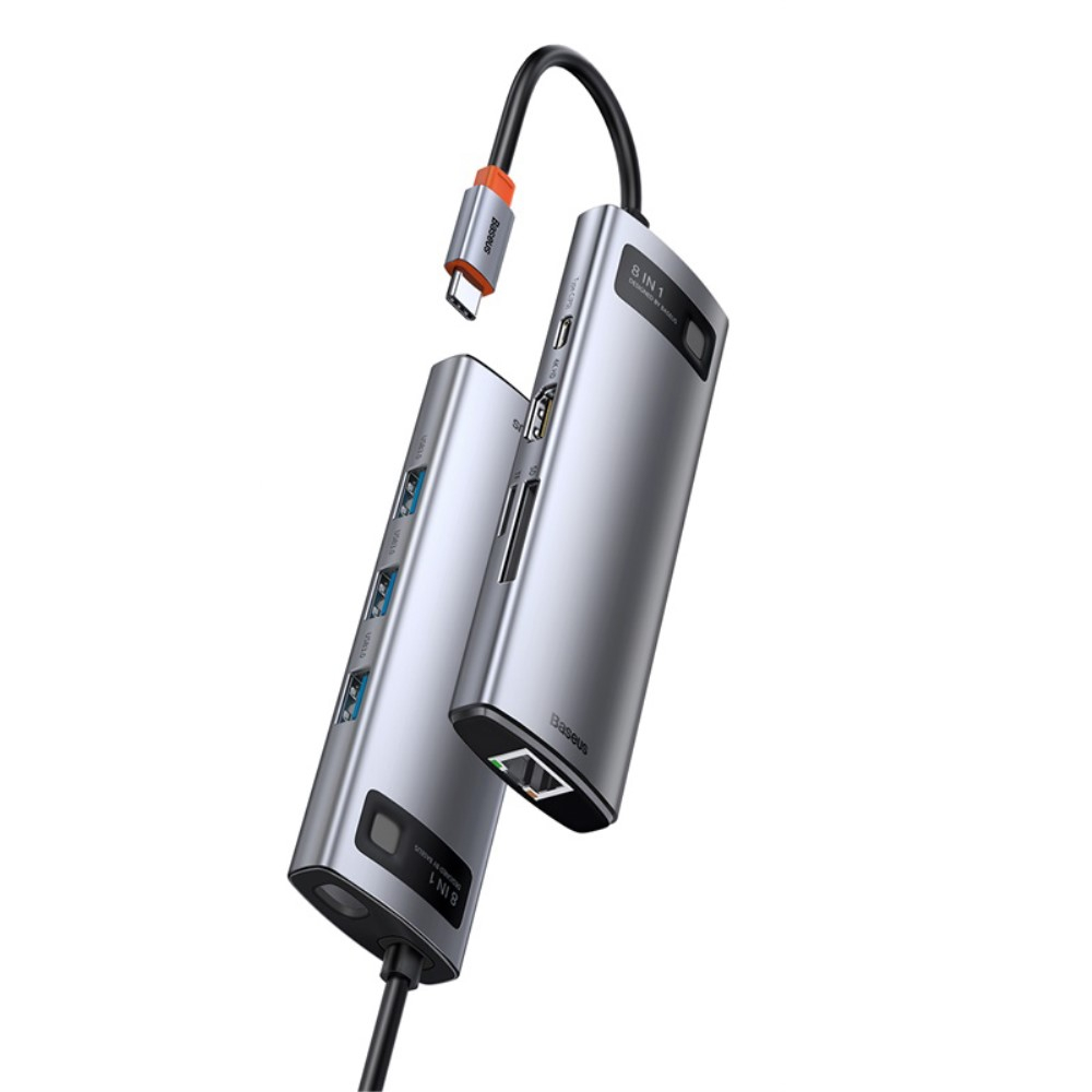 8in1 USB C Multiport Adapter mit USB C (PD) / 4K HDMI @30Hz / 3x USB 3.0 / SD / Micro-SD / RJ45 Port - Grau
