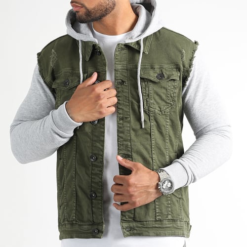 Veste Jean A Capuche 2552 Vert Kaki Denim Gris
