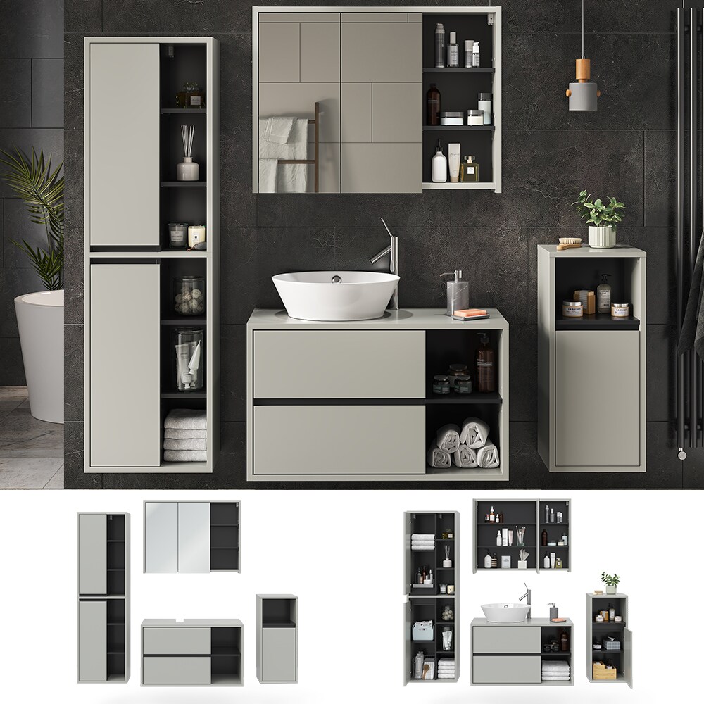 Vicco Badmöbel-Set Badezimmer-Möbel Bad-Schrank Viola Grau Anthrazit modern Badezimmerschrank Waschtischunterschrank Spiegelschrank Midischrank Hochschrank Schranktür Schrankfach Ablage Aufbewahrung